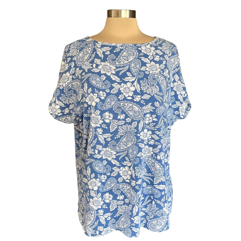 D & Co Blue White Floral Paisley Cap Sleeve T-shirt Size XL Casual Spring Summer
